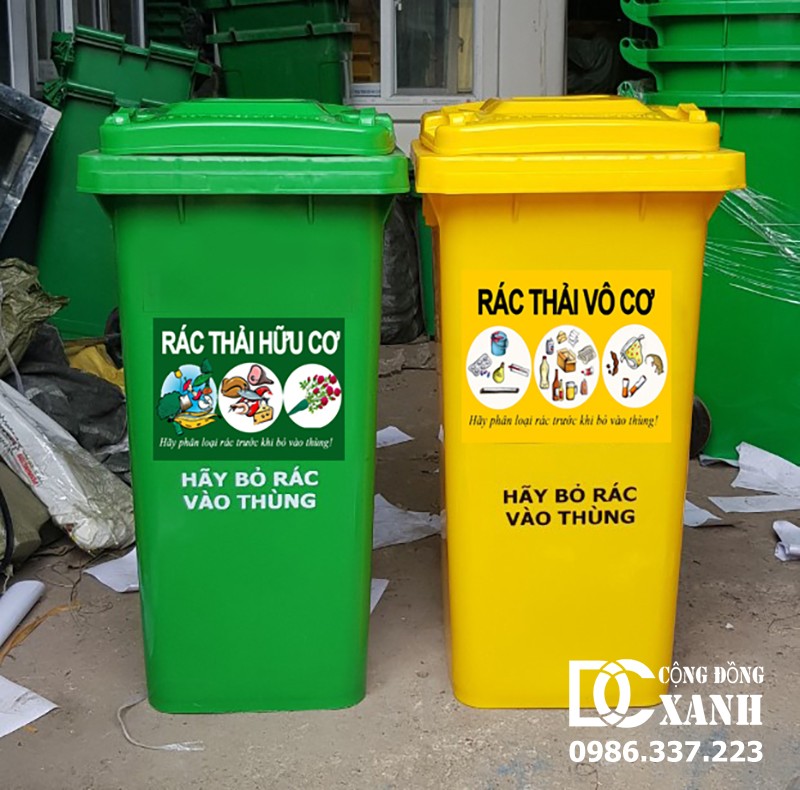 thùng rác 120 lít dán nhãn rác thải hữu cơ rác thải vô cơ